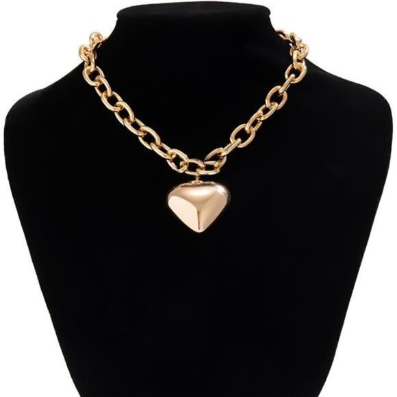 Chunky Heart Necklace Statement Necklace with Big Puffy Heart Gold Tone - Picture 3 of 7